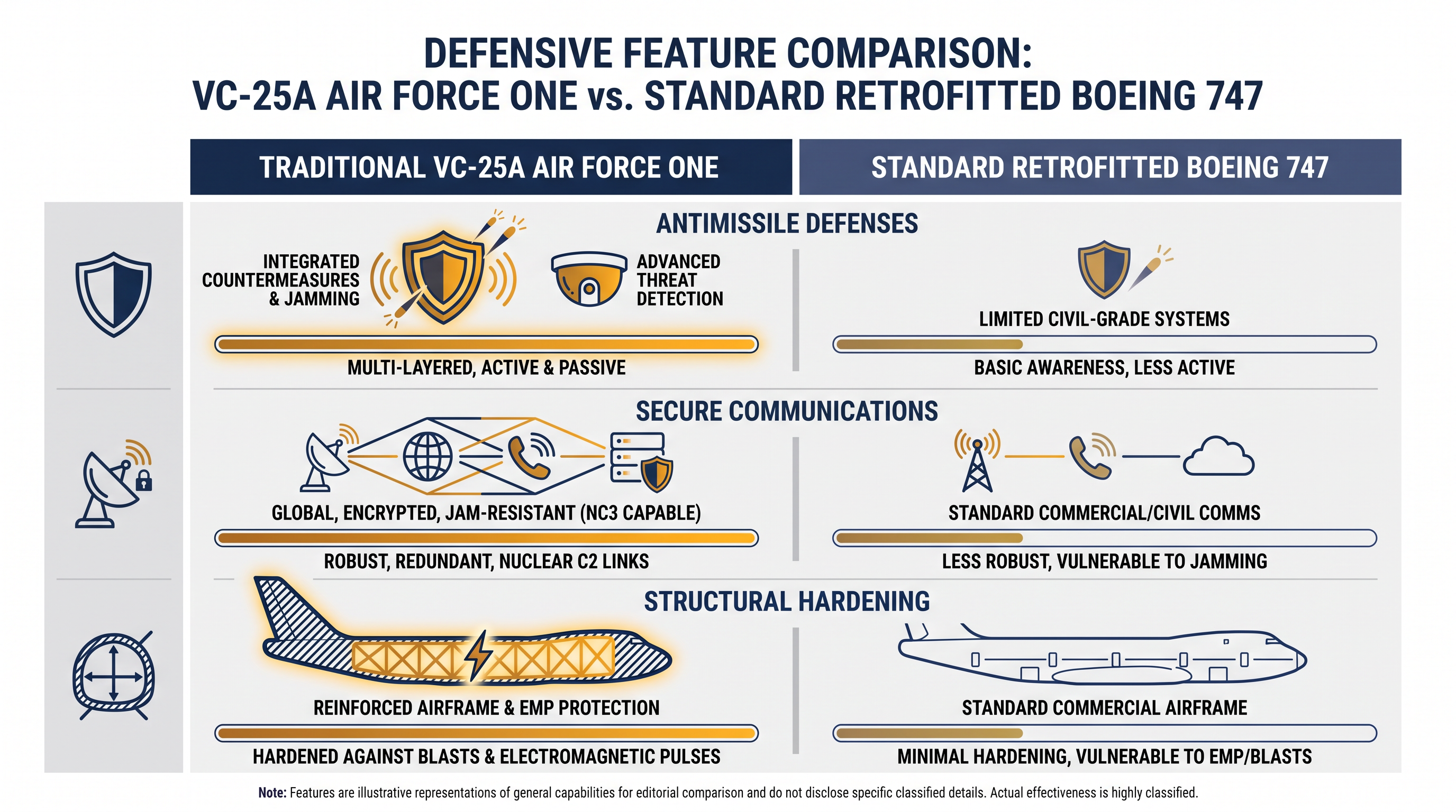 Defense analysts have highlighted significant capability gaps between the traditional presidential fleet and the newly deployed aircraft.