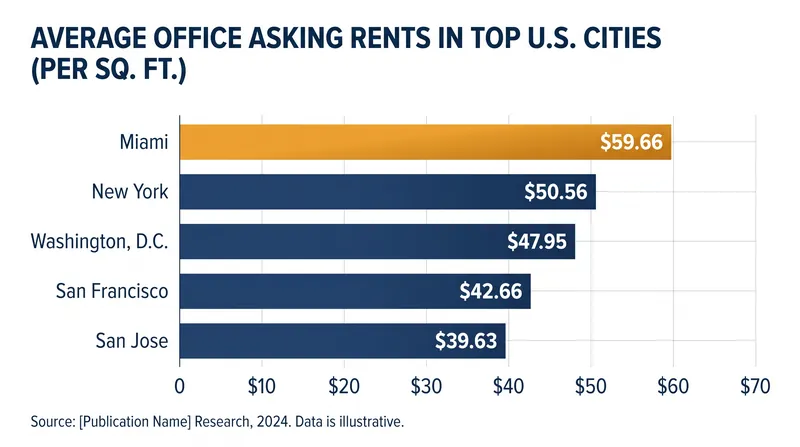 Miami has officially surpassed New York City and San Francisco to claim the highest average office asking rents in the United States.