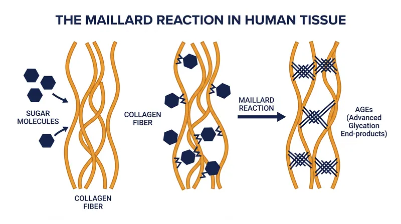 Over decades, sugars in the bloodstream bind to proteins, creating stiff cross-links known as AGEs.