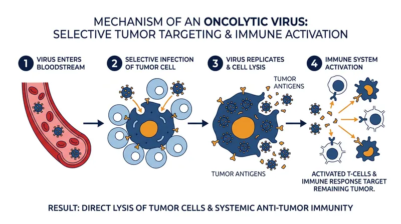 How systemic oncolytic viral therapy targets and destroys cancer cells.