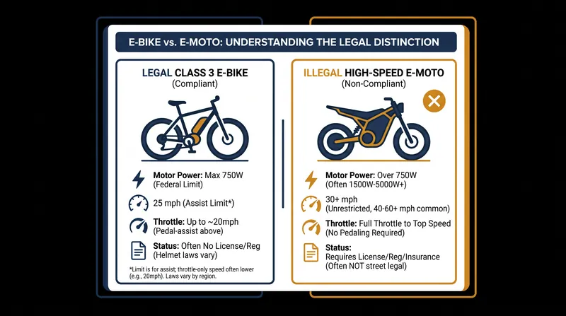The difference between a legal e-bike and an illegal electric motorcycle comes down to motor wattage and top speed.