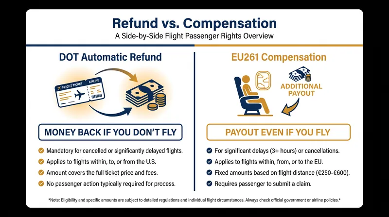 Unlike European regulations, the U.S. system provides a refund of the ticket price, not an additional cash penalty.