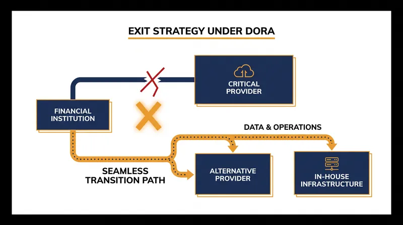 Financial entities must maintain and test credible exit strategies to migrate critical functions if a primary tech vendor fails.