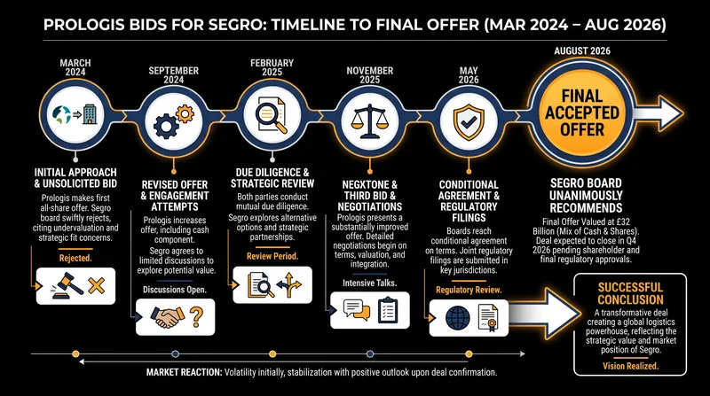 The timeline of Prologis's four bids for Segro, culminating in the August 2026 agreement.