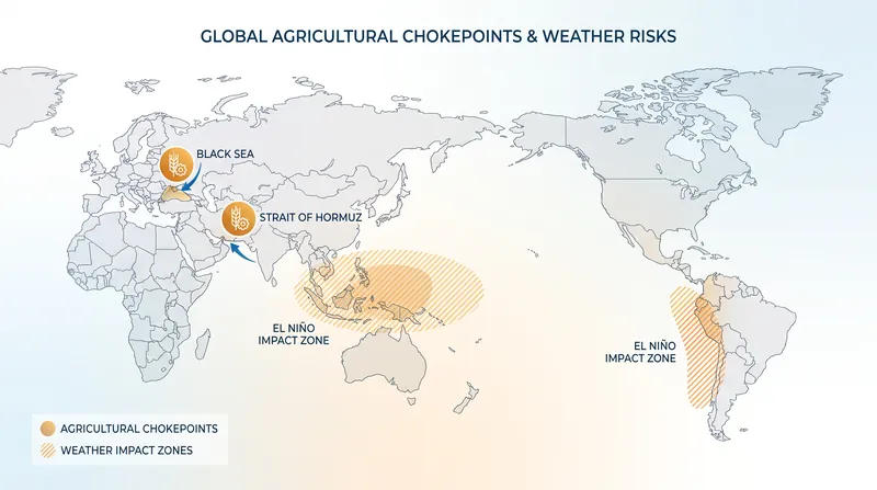Maritime chokepoints and regional weather patterns act as structural drivers of global agricultural costs.