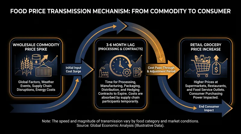 Wholesale commodity price increases typically take several months to impact retail grocery bills.