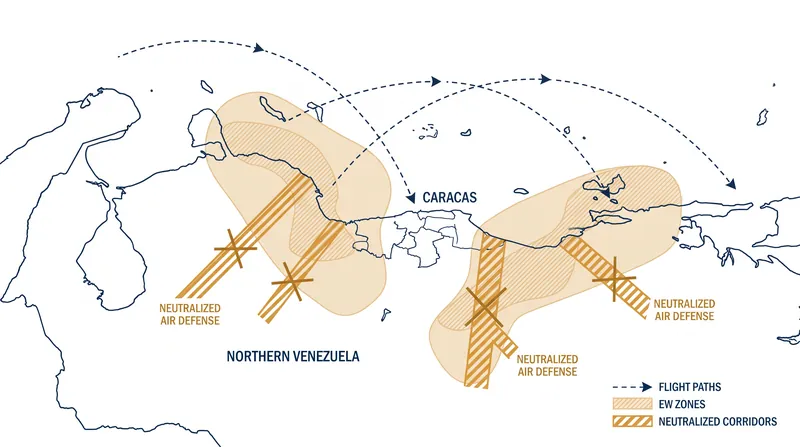 U.S. forces utilized electronic warfare to neutralize Venezuelan air defense networks, clearing a corridor to Caracas.