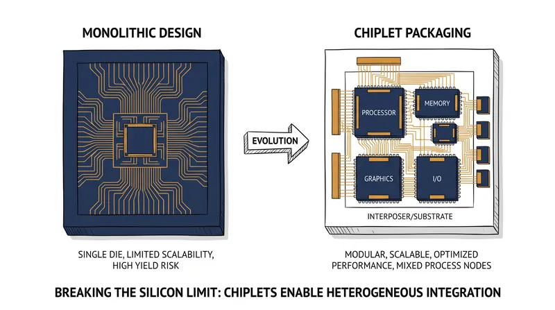 Advanced packaging bypasses the physical limits of Moore's Law by stitching specialized chiplets together.