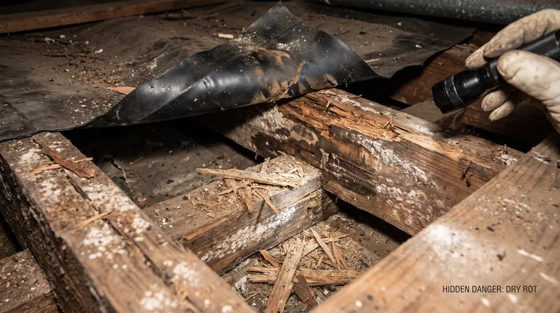 Dry rot can destroy structural joists from the inside out, completely undetected by the residents standing on the balcony above.
