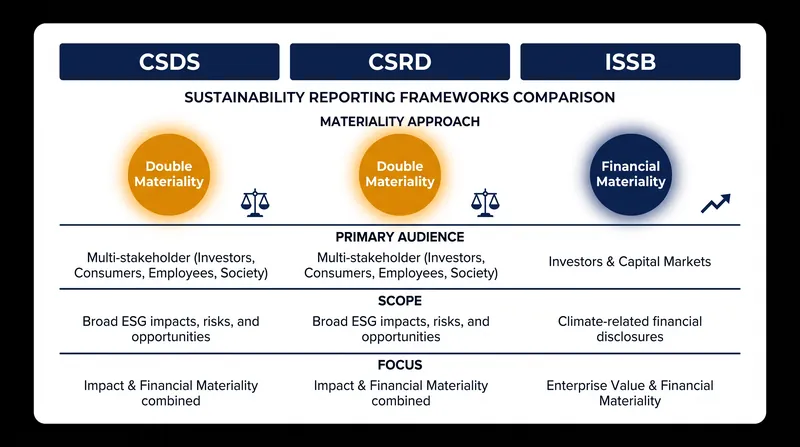 Unlike the ISSB, China's CSDS aligns with the EU's CSRD by mandating double materiality assessments.
