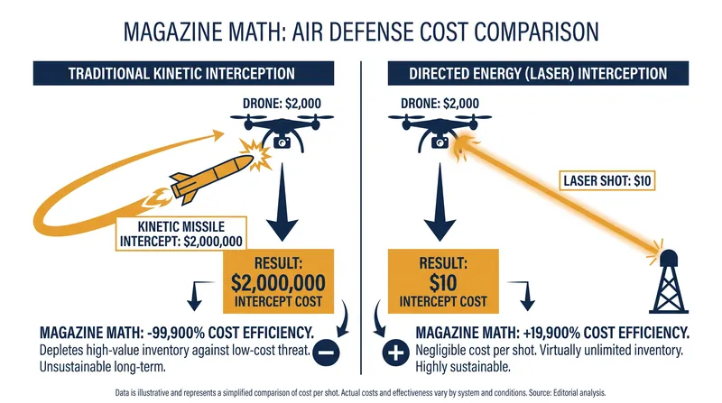 Comparing the cost-per-intercept of traditional kinetic missiles versus directed energy weapons.