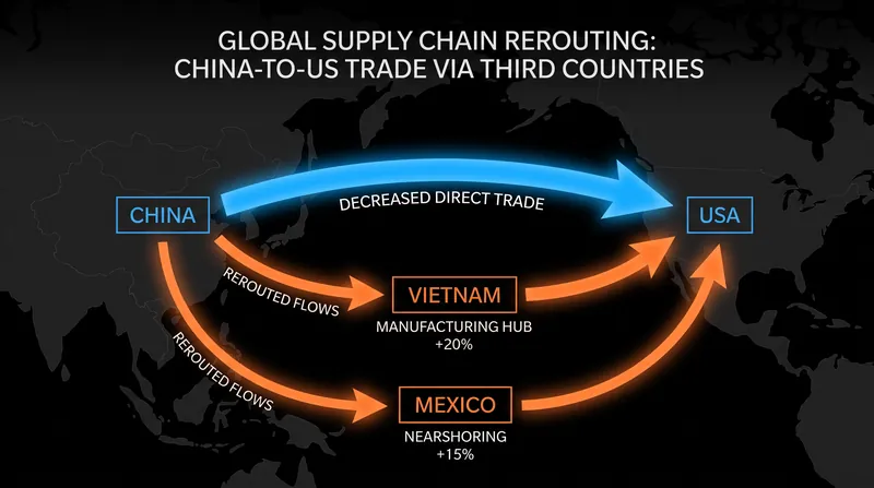 How tariffs forced supply chains to reroute through third countries without achieving true decoupling.