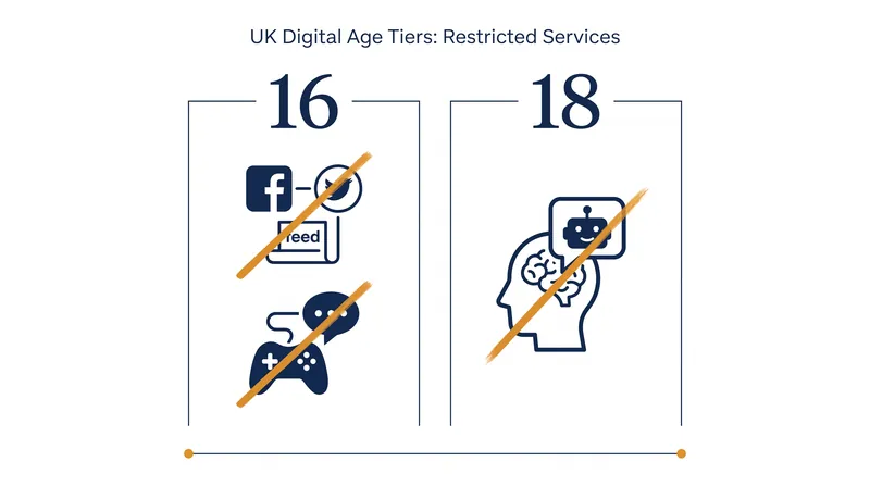The legislation introduces tiered restrictions based on age and the type of digital service.