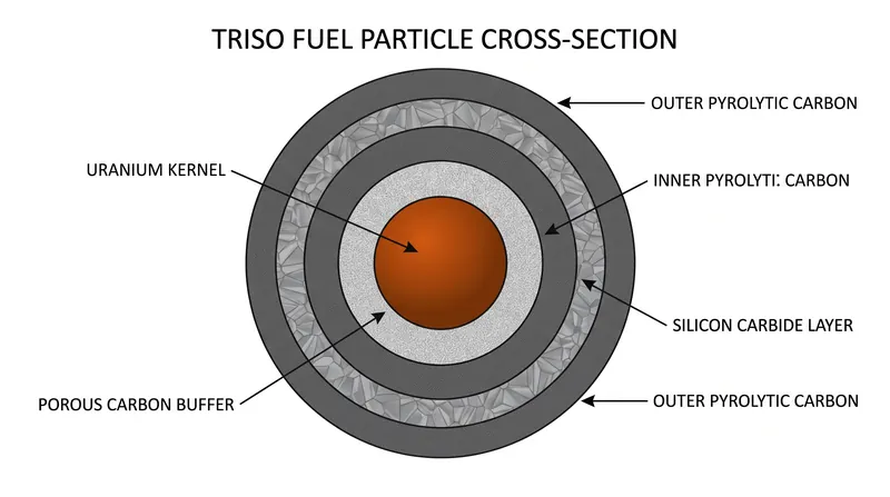 TRISO fuel encases uranium in ceramic layers that can withstand extreme heat without melting, acting as microscopic containment vessels.