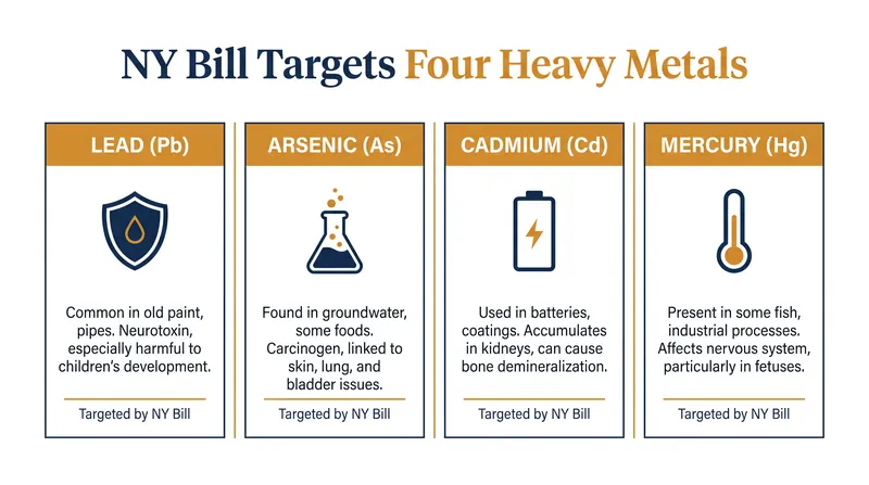 The four toxic heavy metals targeted for mandatory monthly testing under the new legislation.