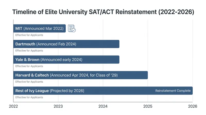 The return of the test requirement began with MIT in 2022 and swept through the Ivy League by 2026.