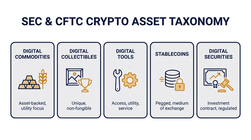 The new federal taxonomy divides digital assets into five distinct categories, with only digital securities falling fully under SEC jurisdiction.