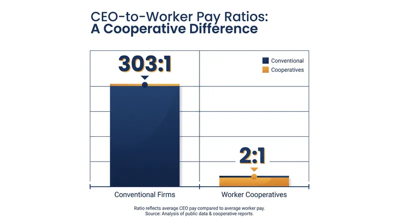 By utilizing democratic bylaws, worker cooperatives structurally limit executive compensation and maintain tight pay ratios.