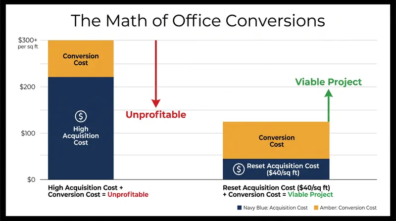 A drastically lower acquisition price is the mathematical prerequisite for developers to afford the high costs of residential adaptive reuse.