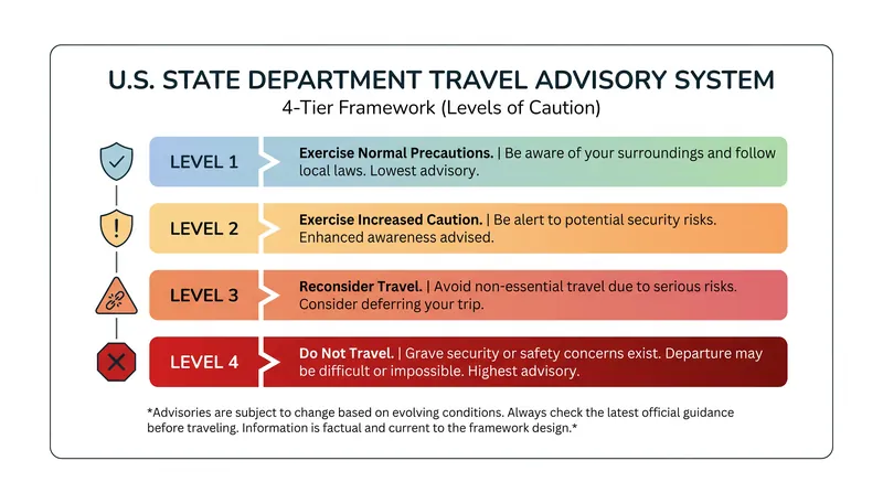 The State Department's advisory system ranges from normal precautions to strict 'Do Not Travel' warnings.