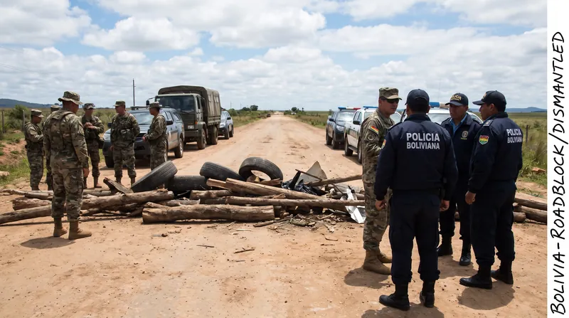 Security forces monitor a cleared highway following President Paz's declaration of a state of emergency.
