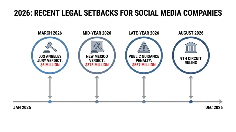 Tech giants have faced a series of escalating legal challenges regarding youth safety throughout 2026.