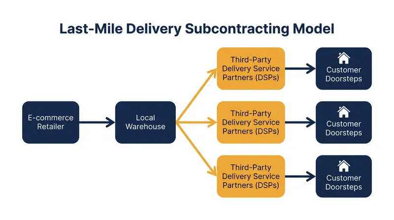 How the current Delivery Service Partner (DSP) model separates major retailers from direct employment of drivers.