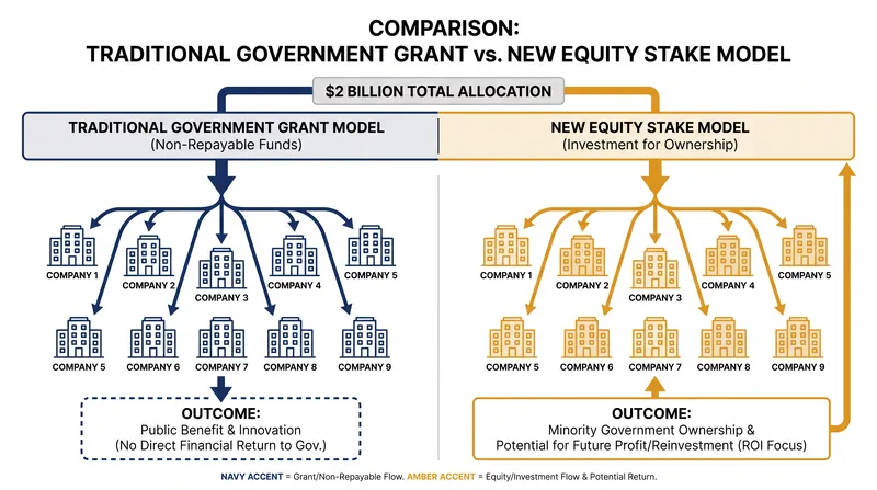 How the new sovereign equity model differs from traditional arm's-length research grants.