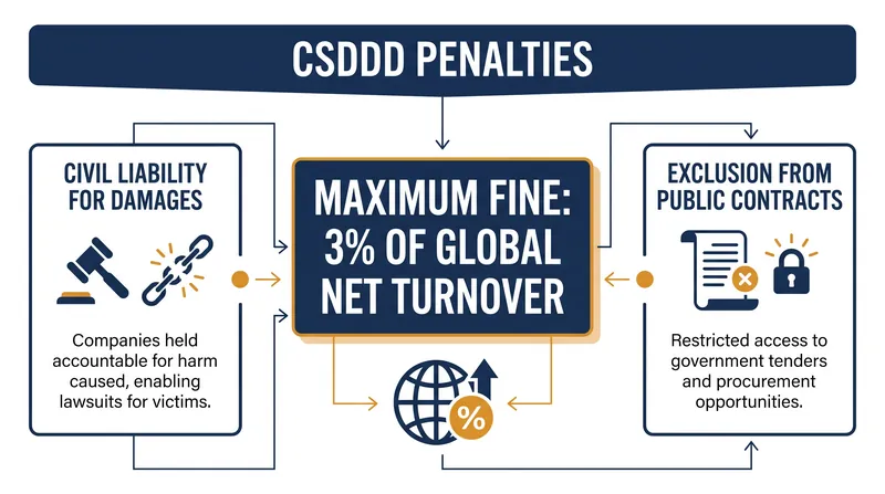 Enforcement mechanisms include massive financial penalties and the risk of civil litigation.
