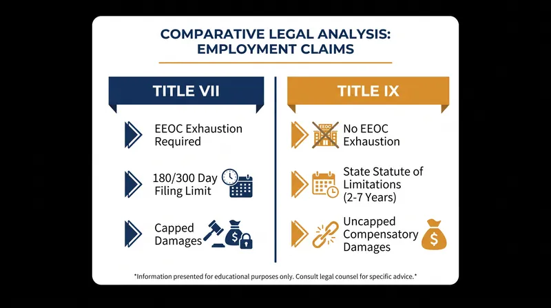 The procedural differences between Title VII and Title IX dictate how quickly an employee must file a claim and what damages they can recover.
