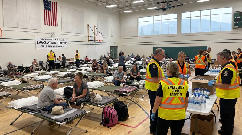 Evacuation centers in neighboring cities like Penticton quickly reached capacity as thousands of residents fled the advancing flames.
