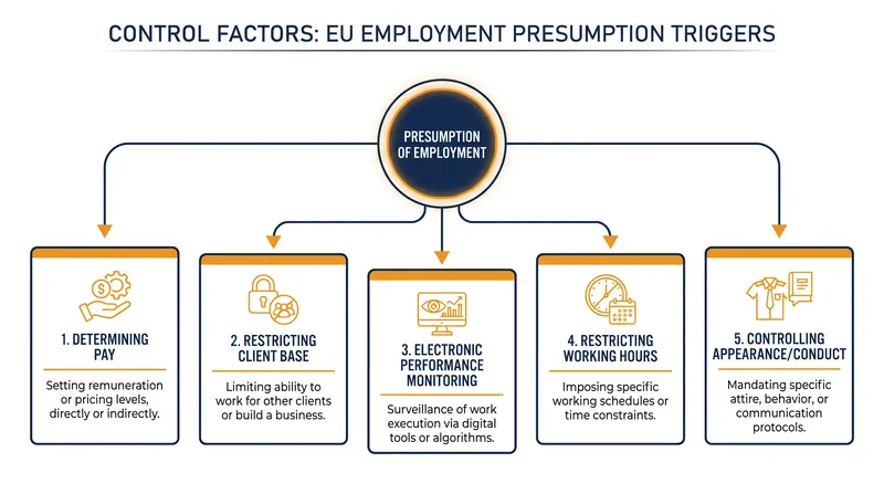 Platforms must prove workers are genuinely self-employed if two or more control factors are present.