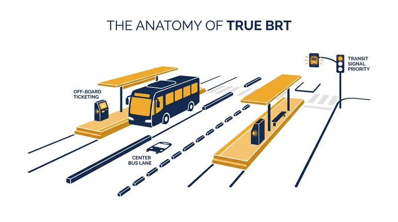 True BRT requires a fundamental redesign of the street, removing the friction points that delay traditional local buses.