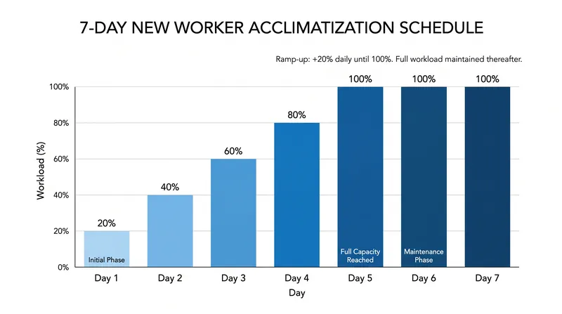 Acclimatization protocols require new and returning workers to gradually increase their heat exposure over their first week.