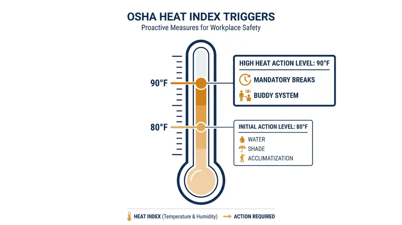 The proposed federal standard relies on two specific heat index triggers to activate mandatory safety protocols.