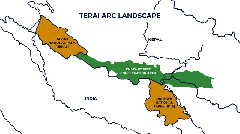 Biological corridors like the Khata Forest Conservation Area allow tigers to safely migrate between protected reserves.