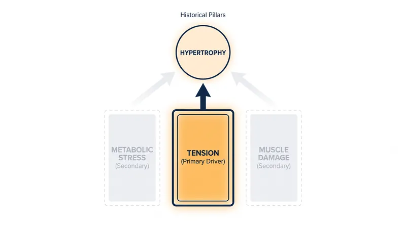 The updated model of muscle hypertrophy prioritizes mechanical tension above all else.