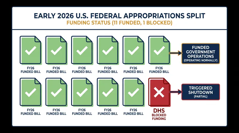 The DHS shutdown occurred after its specific appropriations bill was severed from the broader federal budget.
