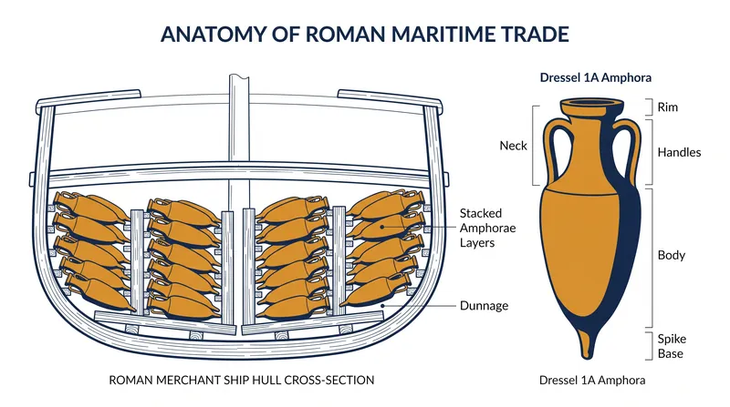 Dressel 1A amphorae were the standard shipping containers of the late Roman Republic, designed to be stacked tightly in the hulls of merchant vessels.