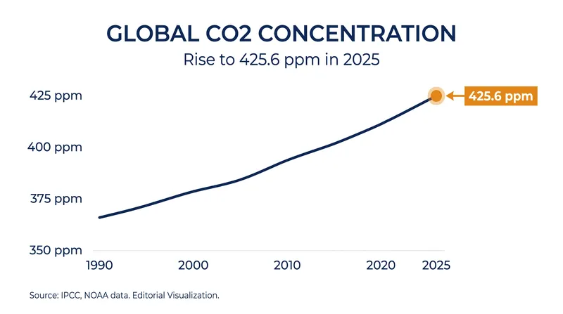Global average concentrations of atmospheric carbon dioxide reached 425.6 parts per million in 2025.