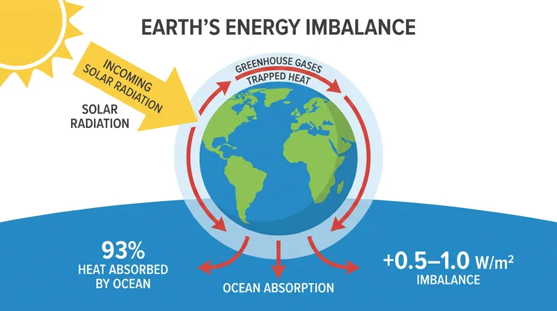 The Earth's energy imbalance occurs when incoming solar radiation exceeds the thermal energy escaping back into space.
