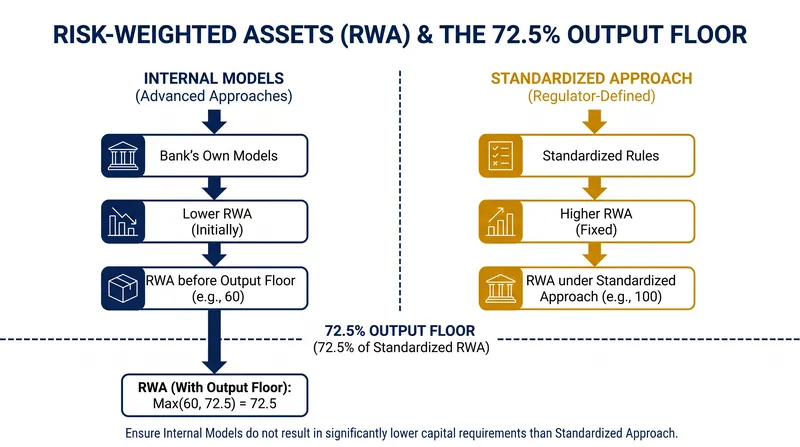 The output floor ensures internal risk models cannot drop below 72.5% of the standardized regulatory calculation.