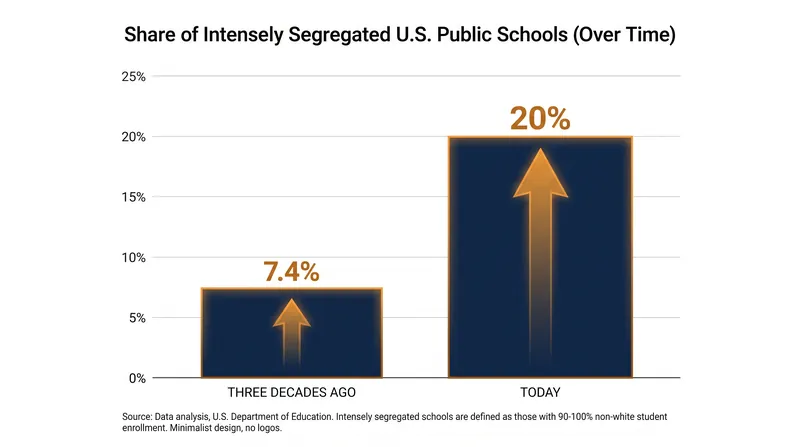 The National Academy of Education notes that the share of intensely segregated public schools has nearly tripled over the past three decades.