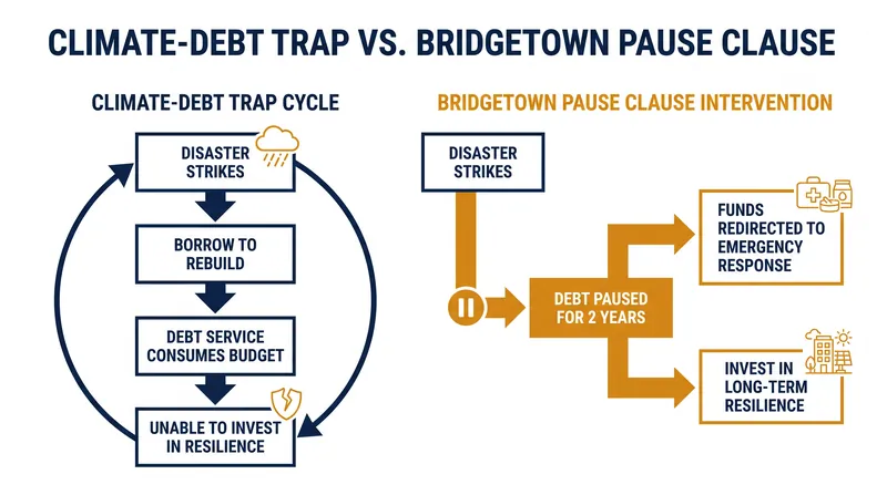How natural disaster debt-pause clauses break the cycle of sovereign default following climate shocks.