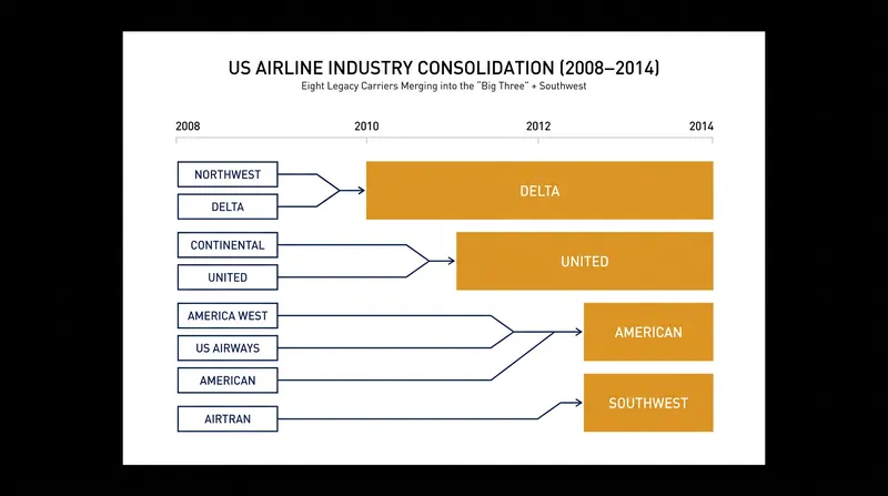 A series of historic mega-mergers between 2008 and 2014 reduced the major US legacy carriers down to just three dominant players.