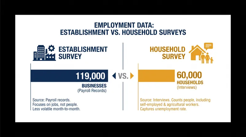 The Establishment Survey polls businesses, while the Household Survey polls individuals.