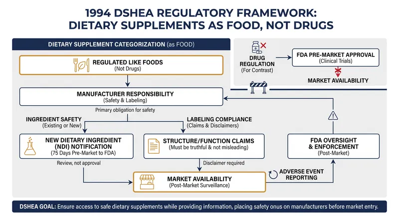The 1994 DSHEA framework shifted the burden of safety onto manufacturers, treating supplements more like food than pharmaceuticals.