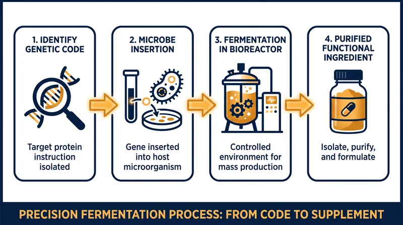 Precision fermentation uses genetically programmed microbes to produce highly pure, bio-identical supplement ingredients.