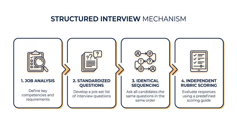The structured interview process relies on rigorous upfront design to eliminate random variables during the evaluation.