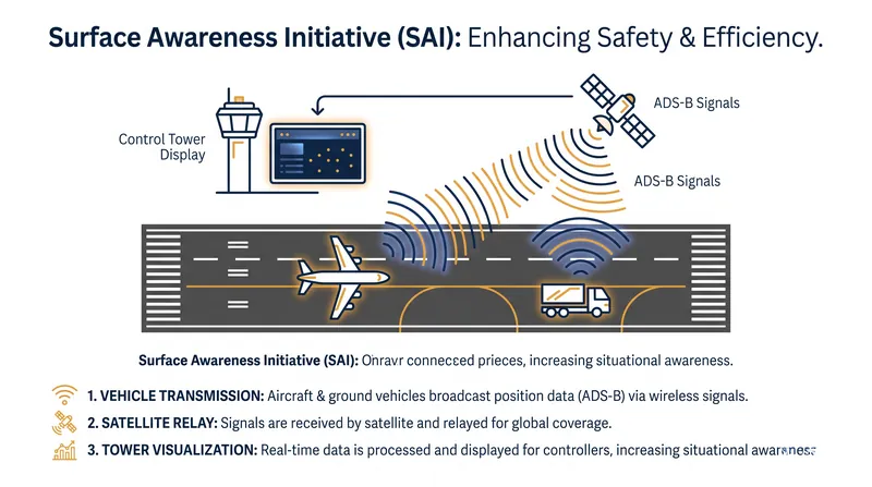 The Surface Awareness Initiative (SAI) uses ADS-B data to give controllers a real-time digital map of all runway traffic.